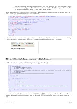 • ASP.NET. Ce sont les balises qui ont l'attribut runat="server". Les balises ASP.NET sont traitées par le serveur
web avant envoi de la page au client. Elles sont transformées en balises Html. Le navigateur client reçoit donc
une page Html standard dans laquelle il n'existe plus de balises ASP.NET.
La page [Default.aspx] peut être modifiée directement à partir de son code source. C'est parfois plus simple que de passer par le
mode [Design]. Nous modifions le code source de la façon suivante :
1. <%@ Page Language="C#" AutoEventWireup="true" CodeBehind="Default.aspx.cs"
Inherits="Intro._Default" %>
2.
3. <!DOCTYPE html PUBLIC "-//W3C//DTD XHTML 1.0 Transitional//EN"
"http://www.w3.org/TR/xhtml1/DTD/xhtml1-transitional.dtd">
4. <html xmlns="http://www.w3.org/1999/xhtml">
5. <head runat="server">
6. <title>Introduction ASP.NET</title>
7. </head>
8. <body>
9. <h3>Introduction à ASP.NET</h3>
10. <form id="form1" runat="server">
11. <div>
12. </div>
13. </form>
14. </body>
15. </html>
En ligne 6, nous donnons un titre à la page grâce à la balise Html <title>. En ligne 9, nous introduisons un texte dans le corps
(<body>) de la page. Si nous exécutons le projet (Ctrl-F5), nous obtenons le résultat suivant dans le navigateur :
2.3 Les fichiers [Default.aspx.designer.cs] et [Default.aspx.cs]
Le fichier [Default.aspx.designer.cs] déclare les composants de la page [Default.aspx] :
1. //------------------------------------------------------------------------------
2. // <auto-generated>
3. // Ce code a été généré par un outil.
4. // Version du runtime :2.0.50727.3603
5. //
6. // Les modifications apportées à ce fichier peuvent provoquer un comportement incorrect et seront perdues si
7. // le code est régénéré.
8. // </auto-generated>
9. //------------------------------------------------------------------------------
10.
11. namespace Intro {
12.
13.
14. public partial class _Default {
15.
16. /// <summary>
17. /// Contrôle form1.
18. /// </summary>
19. /// <remarks>
20. /// Champ généré automatiquement.
21. /// Pour modifier, déplacez la déclaration de champ du fichier de concepteur dans le fichier code-
behind.
22. /// </remarks>
23. protected global::System.Web.UI.HtmlControls.HtmlForm form1;
24. }
25. }
On trouve dans ce fichier la liste des composants ASP.NET de la page [Default.aspx] ayant un identifiant. Ils correspondent aux
balises de [Default.aspx] ayant l'attribut runat="server" et l'attribut id. Ainsi le composant de la ligne 23 ci-dessus correspond à la
balise
http://tahe.developpez.com
5/46
 