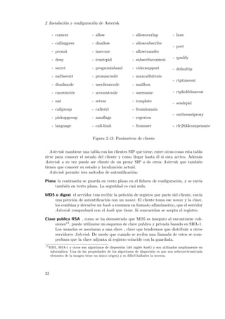 2 Instalaci´n y conﬁguraci´n de Asterisk
o
o
- context

- allow

- allowoverlap

- callingpres

- disallow

- allowsubscribe

- permit

- insecure

- allowtransfer

- deny

- trustrpid

- subscribecontext

- secret

- progressinband

- videosupport

- md5secret

- promiscredir

- maxcallbitrate

- dtmfmode

- useclientcode

- mailbox

- canreinvite

- accountcode

- username

- nat

- setvar

- template

- callgroup

- callerid

- fromdomain

- pickupgroup

- amaﬂags

- regexten

- language

- call-limit

- fromuser

- host
- port
- qualify
- defaultip
- rtptimeout
- rtpholdtimeout
- sendrpid
- outboundproxy
- rfc2833compensate

Figura 2.13: Par´metros de cliente
a
Asterisk mantiene una tabla con los clientes SIP que tiene, entre otras cosas esta tabla
sirve para conocer el estado del cliente y como llegar hasta ´l si esta activo. Adem´s
e
a
Asterisk a su vez puede ser cliente de un proxy SIP o de otros Asterisk que tambi´n
e
tienen que conocer su estado y localizaci´n actual.
o
Asterisk permite tres m´todos de autentiﬁcaci´n:
e
o
Plana la contrase˜a se guarda en texto plano en el ﬁchero de conﬁguraci´n, y se env´
n
o
ıa
tambi´n en texto plano. La seguridad es casi nula.
e
MD5 o digest el servidor tras recibir la petici´n de registro por parte del cliente, env´
o
ıa
una petici´n de autentiﬁcaci´n con un nonce. El cliente toma ese nonce y la clave,
o
o
los combina y devuelve un hash o resumen en formato alfan´merico, que el servidor
u
Asterisk comprobar´ con el hash que tiene. Si concuerdan se acepta el registro.
a
Clave publica RSA , como se ha demostrado que MD5 es inseguro al encontrarse colisiones17 , puede utilizarse un esquema de clave publica y privada basado en SHA-1.
Los usuarios se asociaran a una clave , clave que tendremos que distribuir a otros
servidores Asterisk. De modo que cuando se reciba una llamada de estos se comprobara que la clave adjunta al registro coincide con la guardada.
17

MD5, SHA-1 y otros son algoritmos de dispersi´n (del ingl´s hash) y son utilizados ampliamente en
o
e
inform´tica. Una de las propiedades de los algoritmos de dispersi´n es que son sobreyectivas(cada
a
o
elemento de la imagen tiene un unico origen) y es dif´ hallarles la inversa.
´
ıcil

32

 