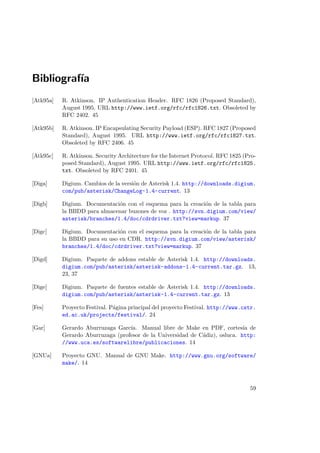 Bibliograf´
ıa
[Atk95a]

R. Atkinson. IP Authentication Header. RFC 1826 (Proposed Standard),
August 1995. URL http://www.ietf.org/rfc/rfc1826.txt. Obsoleted by
RFC 2402. 45

[Atk95b]

R. Atkinson. IP Encapsulating Security Payload (ESP). RFC 1827 (Proposed
Standard), August 1995. URL http://www.ietf.org/rfc/rfc1827.txt.
Obsoleted by RFC 2406. 45

[Atk95c]

R. Atkinson. Security Architecture for the Internet Protocol. RFC 1825 (Proposed Standard), August 1995. URL http://www.ietf.org/rfc/rfc1825.
txt. Obsoleted by RFC 2401. 45

[Diga]

Digium. Cambios de la versi´n de Asterisk 1.4. http://downloads.digium.
o
com/pub/asterisk/ChangeLog-1.4-current. 13

[Digb]

Digium. Documentaci´n con el esquema para la creaci´n de la tabla para
o
o
la BBDD para almacenar buzones de voz . http://svn.digium.com/view/
asterisk/branches/1.4/doc/cdrdriver.txt?view=markup. 37

[Digc]

Digium. Documentaci´n con el esquema para la creaci´n de la tabla para
o
o
la BBDD para su uso en CDR. http://svn.digium.com/view/asterisk/
branches/1.4/doc/cdrdriver.txt?view=markup. 37

[Digd]

Digium. Paquete de addons estable de Asterisk 1.4. http://downloads.
digium.com/pub/asterisk/asterisk-addons-1.4-current.tar.gz. 13,
23, 37

[Dige]

Digium. Paquete de fuentes estable de Asterisk 1.4. http://downloads.
digium.com/pub/asterisk/asterisk-1.4-current.tar.gz. 13

[Fes]

Proyecto Festival. P´gina principal del proyecto Festival. http://www.cstr.
a
ed.ac.uk/projects/festival/. 24

[Gar]

Gerardo Aburruzaga Garc´ Manual libre de Make en PDF, cortes´ de
ıa.
ıa
Gerardo Aburruzaga (profesor de la Universidad de C´diz), osluca. http:
a
//www.uca.es/softwarelibre/publicaciones. 14

[GNUa]

Proyecto GNU. Manual de GNU Make. http://www.gnu.org/software/
make/. 14

59

 