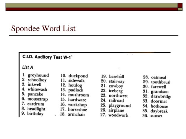 Spondee Words Audiology – Speech Audiometry: An Introduction – BZIB