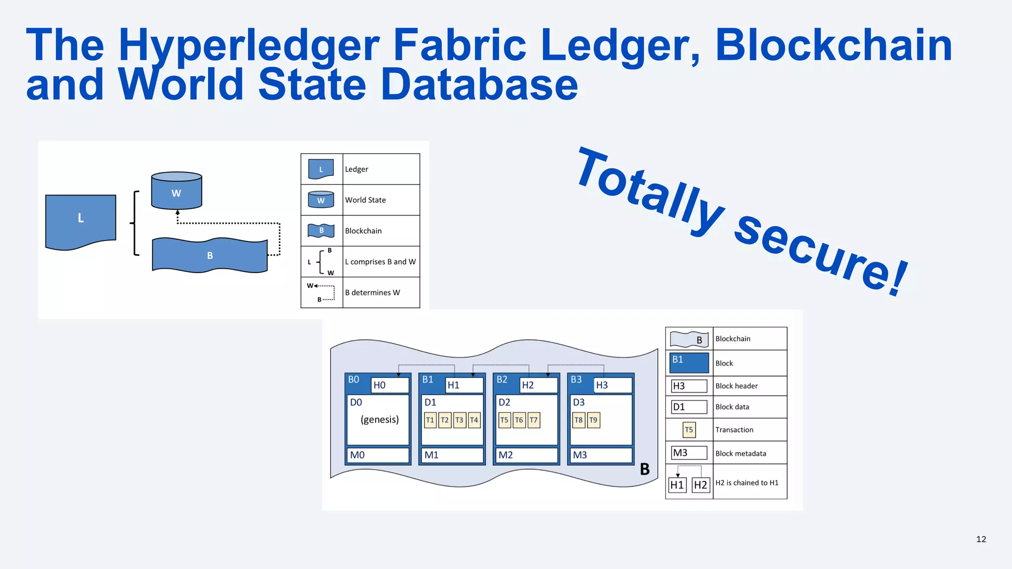 The Hyperledger Fabric Ledger, Blockchain
and World State Database
12
Totally secure!
 