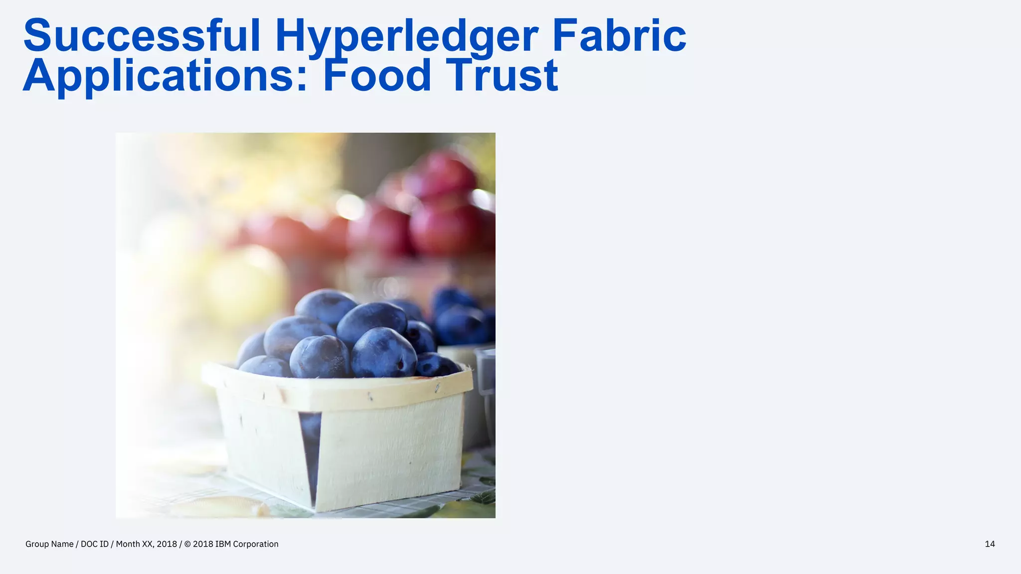 Successful Hyperledger Fabric
Applications: Food Trust
Group Name / DOC ID / Month XX, 2018 / © 2018 IBM Corporation 14
 