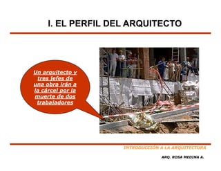 I. EL PERFIL DEL ARQUITECTO




Un arquitecto y
     q
 tres jefes de
una obra irán a
la cárcel por la
muerte de dos
 trabajadores




                    INTRODUCCIÓN A LA ARQUITECTURA

                                 ARQ. ROSA MEDINA A.
 