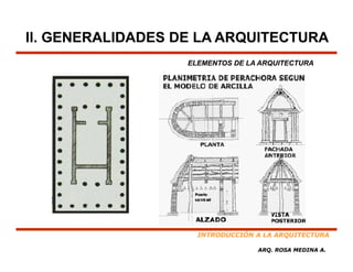 II. GENERALIDADES DE LA ARQUITECTURA
                   ELEMENTOS DE LA ARQUITECTURA




                     INTRODUCCIÓN A LA ARQUITECTURA

                                  ARQ. ROSA MEDINA A.
 