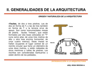 II. GENERALIDADES DE LA ARQUITECTURA
                               ORIGEN Y NATURALEZA DE LA ARQUITECTURA


•Taulas, de dos o tres piedras. Las de
dos en forma de T, y las de tres también
en forma de T y la tercera sirve de
apoyo. Son como monumentales mesas
de piedra. taulas "mesas", que están
formados por dos losas colocadas en "T"
(una como pilar, de unos tres metros de
a to
alto y otra losa encima horizontal, de
        ot a osa e c a o o ta ,
unos cuatro metros). Estas mesas se
hallan ocupando el lugar central de un
recinto circular que tiene un diámetro de
unos doce metros, y están rodeadas de
                   ,
otros menhires y vallas de piedras. Los
recintos son consideradas Santuarios y
están dentro de los poblados.


                                            INTRODUCCIÓN A LA ARQUITECTURA

                                                         ARQ. ROSA MEDINA A.
 