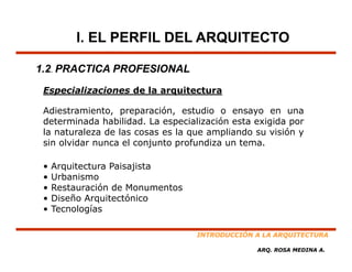 I. EL PERFIL DEL ARQUITECTO

1.2. PRACTICA PROFESIONAL
 Especializaciones de la arquitectura

 Adiestramiento, preparación, estudio o ensayo en una
 determinada h bilid d L especialización esta exigida por
 d t     i d habilidad. La        i li  ió    t   i id
 la naturaleza de las cosas es la que ampliando su visión y
 sin olvidar nunca el conjunto profundiza un tema.

 •   Arquitectura Paisajista
 •   Urbanismo
 •   Restauración de Monumentos
 •   Diseño Arquitectónico
 •   Tecnologías

                                   INTRODUCCIÓN A LA ARQUITECTURA

                                                ARQ. ROSA MEDINA A.
 