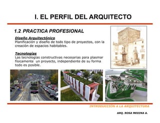 I. EL PERFIL DEL ARQUITECTO

1.2. PRACTICA PROFESIONAL
Diseño Arquitectónico
Planificación y diseño de todo tipo de proyectos, con la
creación de espacios habitables.

Tecnologías
Las tecnologías constructivas necesarias para plasmar
físicamente un proyecto, independiente de su forma
todo es posible.




                                              INTRODUCCIÓN A LA ARQUITECTURA

                                                           ARQ. ROSA MEDINA A.
 