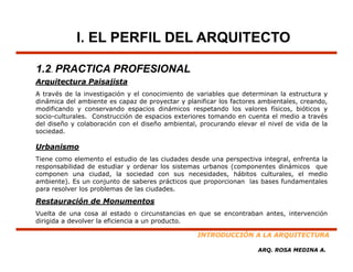 I. EL PERFIL DEL ARQUITECTO

1.2. PRACTICA PROFESIONAL
Arquitectura Paisajista
  q               j
A través de la investigación y el conocimiento de variables que determinan la estructura y
dinámica del ambiente es capaz de proyectar y planificar los factores ambientales, creando,
modificando y conservando espacios dinámicos respetando los valores físicos, bióticos y
socio-culturales. Construcción de espacios exteriores tomando en cuenta el medio a través
                                     p
del diseño y colaboración con el diseño ambiental, procurando elevar el nivel de vida de la
sociedad.

Urbanismo
Tiene como elemento el estudio de las ciudades desde una perspectiva integral, enfrenta la
responsabilidad de estudiar y ordenar los sistemas urbanos (componentes dinámicos que
componen una ciudad, la sociedad con sus necesidades, hábitos culturales, el medio
ambiente). Es un conjunto de saberes prácticos que proporcionan las bases fundamentales
para resolver l problemas d l ciudades.
         l    los   bl      de las i d d

Restauración de Monumentos
Vuelta de una cosa al estado o circunstancias en que se encontraban antes, intervención
dirigida a devolver la eficiencia a un producto
                                       producto.

                                                  INTRODUCCIÓN A LA ARQUITECTURA

                                                                     ARQ. ROSA MEDINA A.
 
