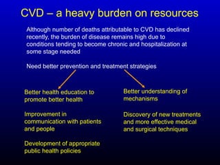 CVD – a heavy burden on resources
Although number of deaths attributable to CVD has declined
recently, the burden of disease remains high due to
conditions tending to become chronic and hospitalization at
some stage needed
Need better prevention and treatment strategies
Better health education to
promote better health
Improvement in
communication with patients
and people
Development of appropriate
public health policies
Better understanding of
mechanisms
Discovery of new treatments
and more effective medical
and surgical techniques
 