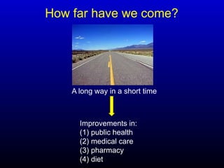 How far have we come?
A long way in a short time
Improvements in:
(1) public health
(2) medical care
(3) pharmacy
(4) diet
 