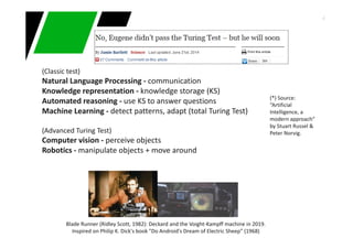 4
(Classic test)
Natural Language Processing - communication
Knowledge representation - knowledge storage (KS)
Automated reasoning - use KS to answer questions
Machine Learning - detect patterns, adapt (total Turing Test)
(Advanced Turing Test)
Computer vision - perceive objects
Robotics - manipulate objects + move around
Blade Runner (Ridley Scott, 1982): Deckard and the Voight-Kampff machine in 2019.
Inspired on Philip K. Dick's book "Do Android's Dream of Electric Sheep” (1968)
(*) Source:
“Artificial
Intelligence, a
modern approach“
by Stuart Russel &
Peter Norvig.
 