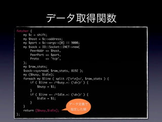 fetcher {
    my $c = shift;
    my $host = $c->address;
    my $port = $c->args->[0] || 9000;
    my $sock = IO::Socket::INET->new(
        PeerAddr => $host,
        PeerPort => $port,
        Proto    => 'tcp',
    );
    my $raw_stats;
    $sock->sysread( $raw_stats, 8192 );
    my ($busy, $idle);
    foreach my $line ( split /[rn]+/, $raw_stats ) {
        if ( $line =~ /^Busy.+: (d+)/ ) {
            $busy = $1;
        }
        if ( $line =~ /^Idle.+: (d+)/ ) {
            $idle = $1;
        }
    }
    return [$busy,$idle];
};
 