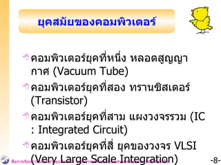 คอมพิวเตอร์ยุคที่หนึ่ง หลอดสูญญากาศ  (Vacuum Tube)  คอมพิวเตอร์ยุคที่สอง ทรานซิสเตอร์  (Transistor)  คอมพิวเตอร์ยุคที่สาม แผงวงจรรวม  (IC : Integrated Circuit) คอมพิวเตอร์ยุคที่สี่ ยุคของวงจร  VLSI (Very Large Scale Integration) ยุคสมัยของคอมพิวเตอร์ 