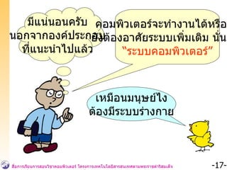 มีแน่นอนครับ นอกจากองค์ประกอบ ที่แนะนำไปแล้ว คอมพิวเตอร์จะทำงานได้หรือไม่ ยังต้องอาศัยระบบเพิ่มเติม นั่นคือ  “ ระบบคอมพิวเตอร์” เหมือนมนุษย์ไง ต้องมีระบบร่างกาย 