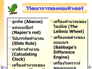ลูกคิด  (Abacus) แท่งเนเปียร์  (Napier’s rod) ไม้บรรทัดคำนวณ  (Slide Rule) นาฬิกาคำนวณ   (Calculating Clock) เครื่องคำนวณของปาสกาล  (Pascal’s Pascaline Calculator) เครื่องคำนวณของไลปนิซ  (The Leibniz Wheel) เครื่องผลต่างของแบบเบจ  (Babbage’s Difference Engine) เครื่องวิเคราะห์ของแบบเบจ  (Babbage’s Analytical Engine) วิวัฒนาการของคอมพิวเตอร์ 