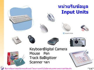 หน่วยรับข้อมูล Input Units Keyboard Mouse Track Ball Scanner Digital Camera Pen Digitizer ฯลฯ 