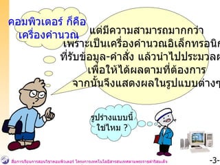 คอมพิวเตอร์ ก็คือ  เครื่องคำนวณ แต่มีความสามารถมากกว่า เพราะเป็นเครื่องคำนวณอิเล็กทรอนิกส์ ที่รับข้อมูล - คำสั่ง แล้วนำไปประมวลผล  เพื่อให้ได้ผลตามที่ต้องการ จากนั้นจึงแสดงผลในรูปแบบต่างๆ รูปร่างแบบนี้ ใช่ไหม  ? 