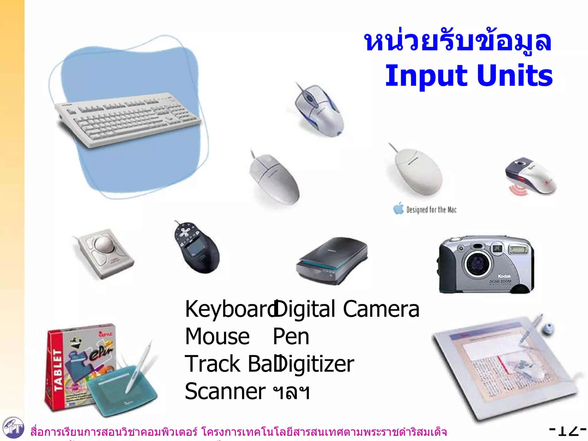 หน่วยรับข้อมูล Input Units Keyboard Mouse Track Ball Scanner Digital Camera Pen Digitizer ฯลฯ 