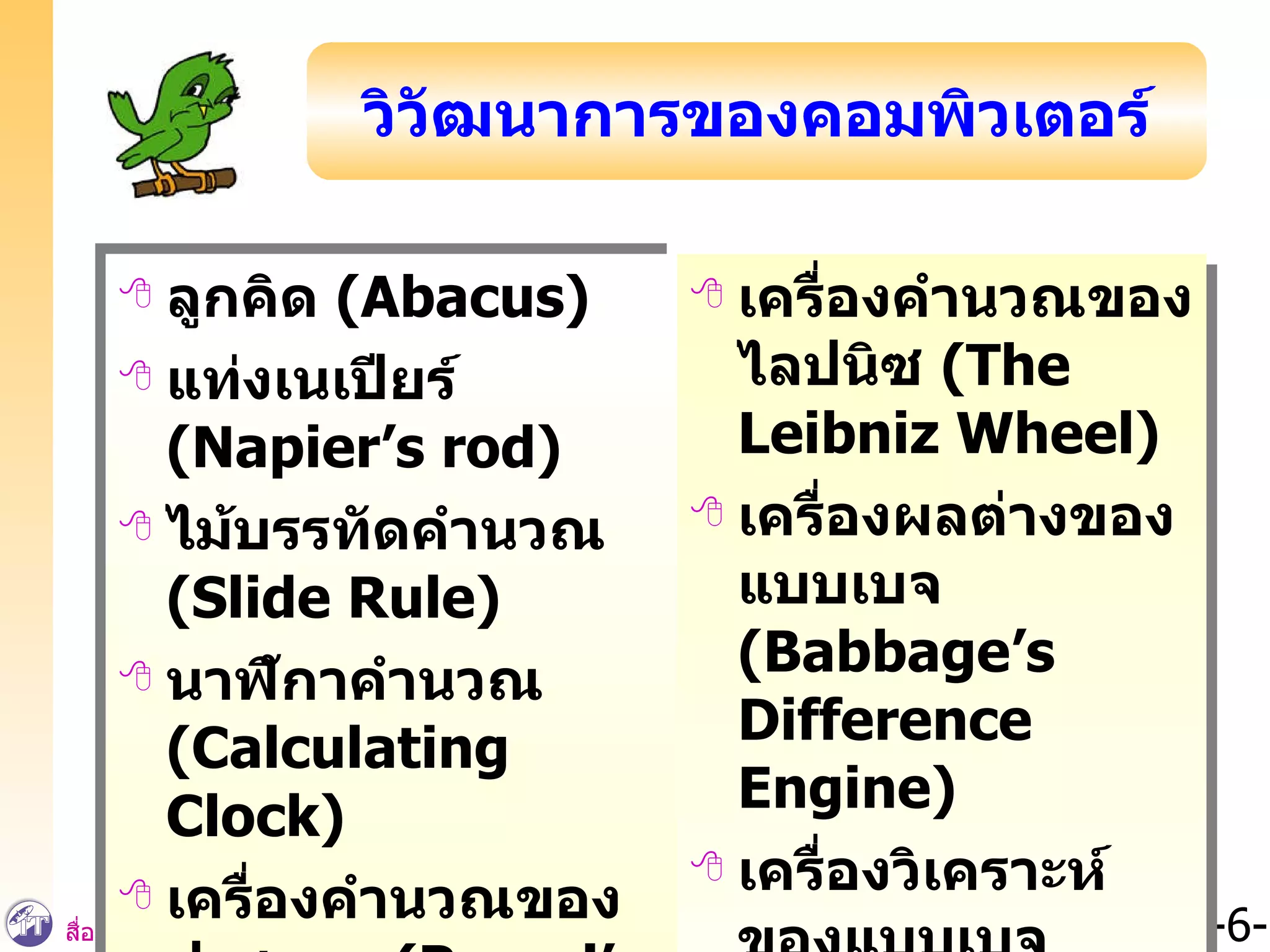 ลูกคิด  (Abacus) แท่งเนเปียร์  (Napier’s rod) ไม้บรรทัดคำนวณ  (Slide Rule) นาฬิกาคำนวณ   (Calculating Clock) เครื่องคำนวณของปาสกาล  (Pascal’s Pascaline Calculator) เครื่องคำนวณของไลปนิซ  (The Leibniz Wheel) เครื่องผลต่างของแบบเบจ  (Babbage’s Difference Engine) เครื่องวิเคราะห์ของแบบเบจ  (Babbage’s Analytical Engine) วิวัฒนาการของคอมพิวเตอร์ 