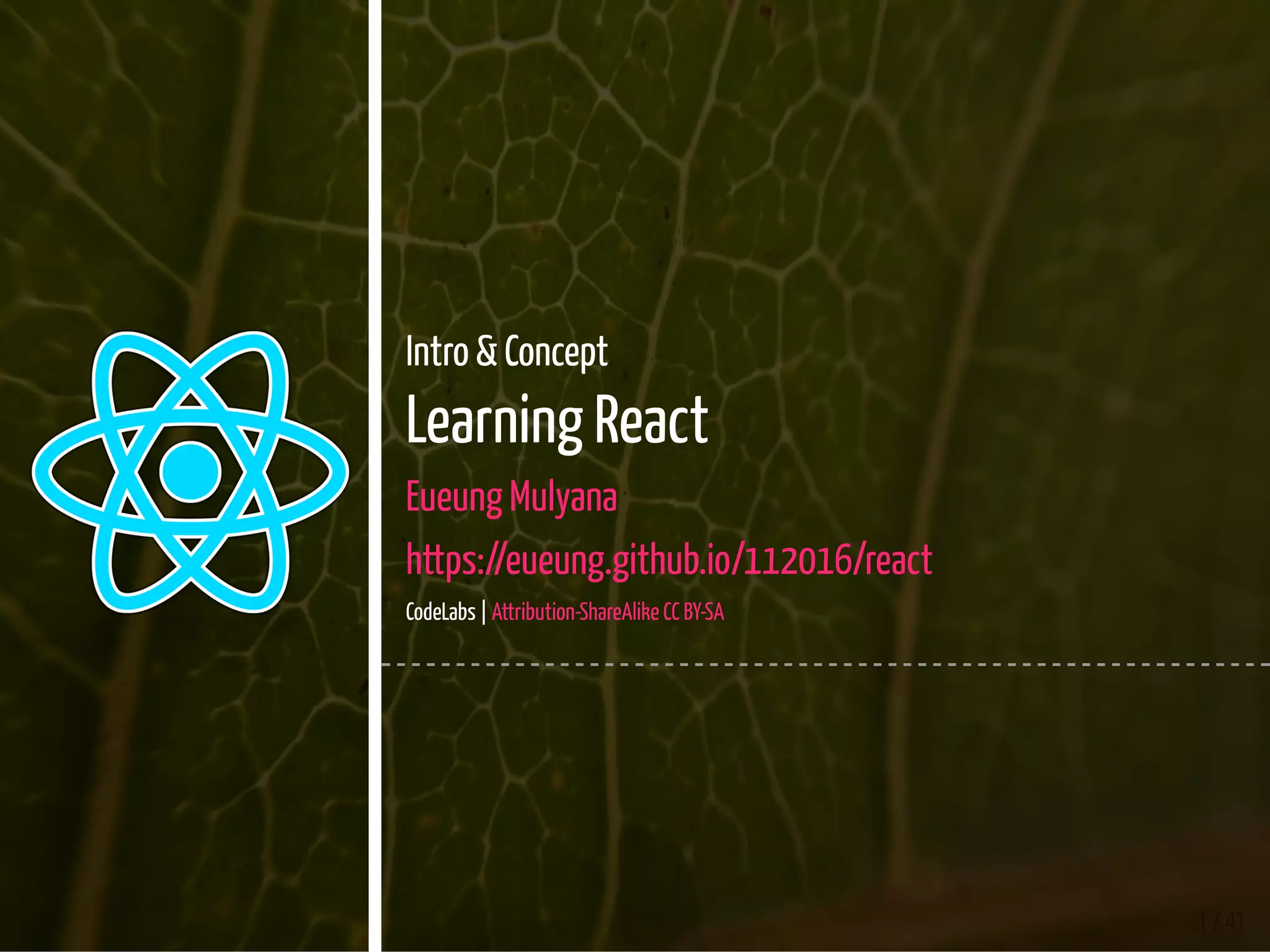1 / 41
Intro & Concept
Learning React
Eueung Mulyana
https://eueung.github.io/112016/react
CodeLabs | Attribution-ShareAlike CC BY-SA
 