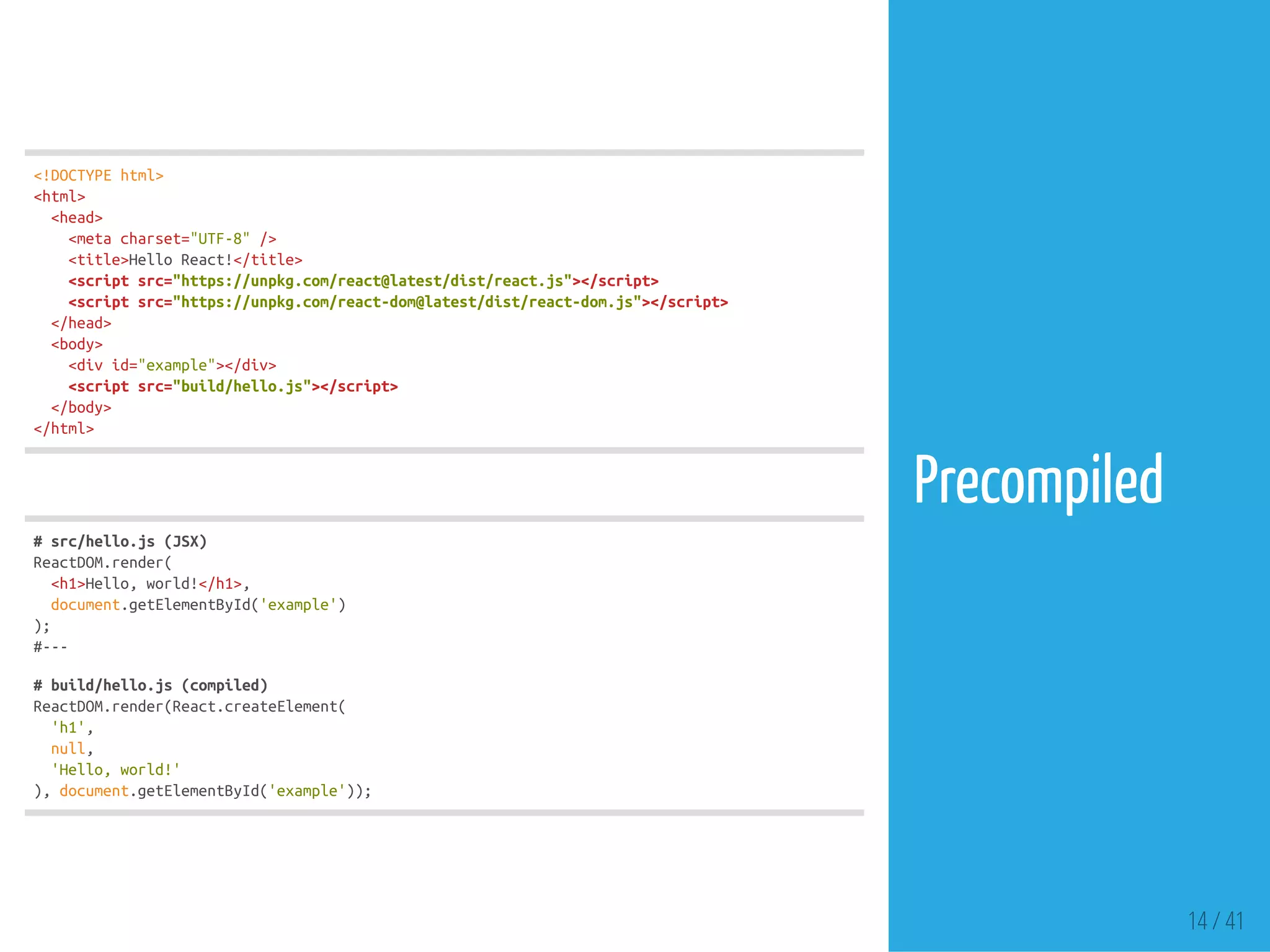 <!DOCTYPEhtml>
<html>
<head>
<metacharset="UTF-8"/>
<title>HelloReact!</title>
<scriptsrc="https://unpkg.com/react@latest/dist/react.js"></script>
<scriptsrc="https://unpkg.com/react-dom@latest/dist/react-dom.js"></script>
</head>
<body>
<divid="example"></div>
<scriptsrc="build/hello.js"></script>
</body>
</html>
#src/hello.js(JSX)
ReactDOM.render(
<h1>Hello,world!</h1>,
document.getElementById('example')
);
#---
#build/hello.js(compiled)
ReactDOM.render(React.createElement(
'h1',
null,
'Hello,world!'
),document.getElementById('example'));
Precompiled
14 / 41
 
