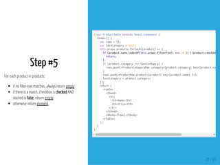 Step #5
For each product in products:
if no lter-text matches, always return empty
if there is a match, checkbox is checked AND
stocked is false, return empty
otherwise return element
classProductTableextendsReact.Component{
render(){
varrows=[];
varlastCategory=null;
this.props.products.forEach((product)=>{
if(product.name.indexOf(this.props.filterText)===-1||(!product.stocked&&
return;
}
if(product.category!==lastCategory){
rows.push(<ProductCategoryRowcategory={product.category}key={product.categ
}
rows.push(<ProductRowproduct={product}key={product.name}/>);
lastCategory=product.category;
});
return(
<table>
<thead>
<tr>
<th>Name</th>
<th>Price</th>
</tr>
</thead>
<tbody>{rows}</tbody>
</table>
);
}
}
27 / 41
 