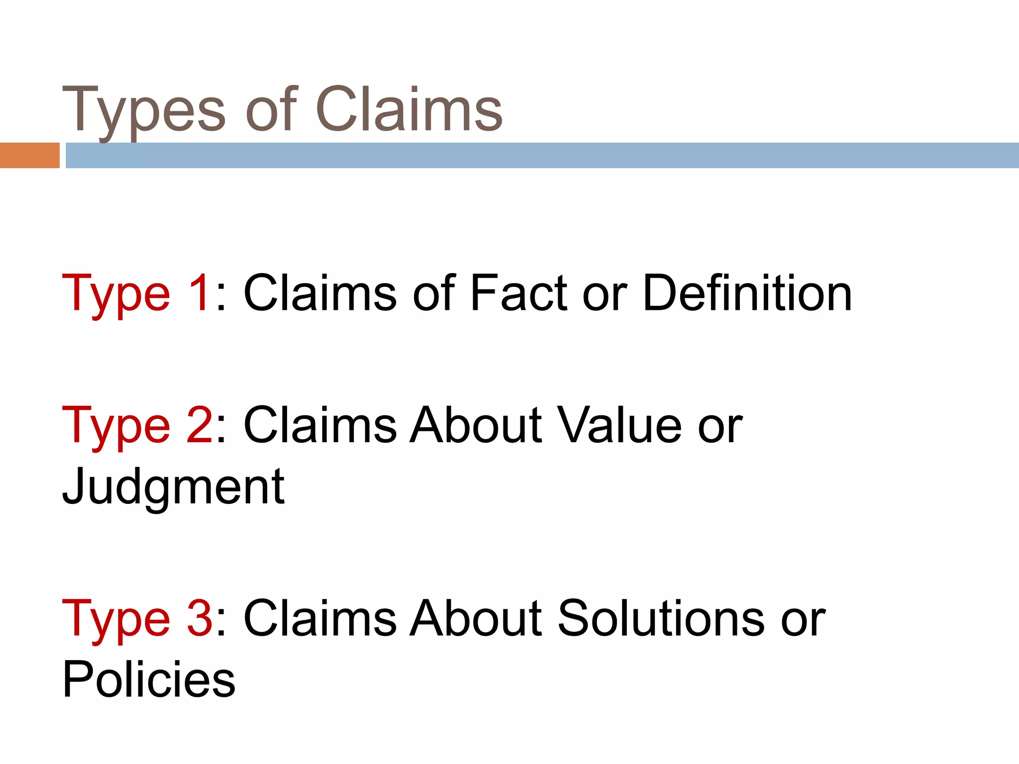 Types of Claims
21
Type 1: Claims of Fact or Definition
Type 2: Claims About Value or
Judgment
Type 3: Claims About Solutions or
Policies
 