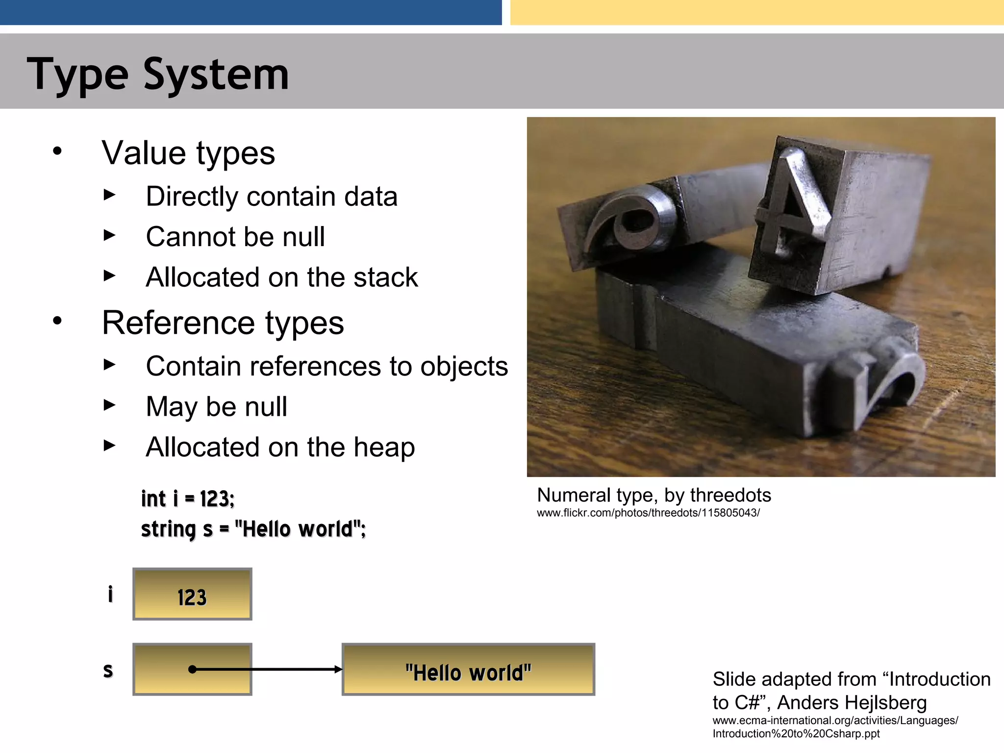 Type System • Value types ► Directly contain data ► Cannot be null ► Allocated on the stack • Reference types ► Contain references to objects ► May be null ► Allocated on the heap int i = 123;int i = 123; string s = "Hello world";string s = "Hello world"; 123123ii ss "Hello world""Hello world" Slide adapted from “Introduction to C#”, Anders Hejlsberg www.ecma-international.org/activities/Languages/ Introduction%20to%20Csharp.ppt Numeral type, by threedots www.flickr.com/photos/threedots/115805043/ 
