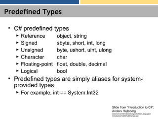 Predefined Types
• C# predefined types
► Reference object, string
► Signed sbyte, short, int, long
► Unsigned byte, ushort, uint, ulong
► Character char
► Floating-point float, double, decimal
► Logical bool
• Predefined types are simply aliases for system-
provided types
► For example, int == System.Int32
Slide from “Introduction to C#”,
Anders Hejlsberg
www.ecma-international.org/activities/Languages/
Introduction%20to%20Csharp.ppt
 