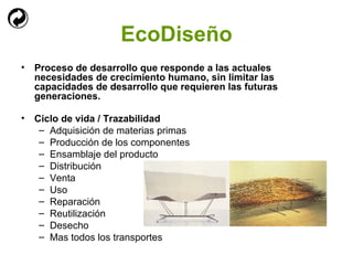 EcoDiseño Proceso de desarrollo que responde a las actuales necesidades de crecimiento humano, sin limitar las capacidades de desarrollo que requieren las futuras generaciones.   Ciclo de vida / Trazabilidad Adquisición de materias primas Producción de los componentes Ensamblaje del producto Distribución Venta Uso Reparación Reutilización Desecho Mas todos los transportes 