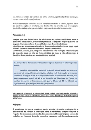 10
(Comentário: Embora apresentada de forma sintética, aponta objectivos, estratégia,
tempo, responsáveis e destinatários)
A título de exemplo, também o MAABE identificou em todas as tabelas, algumas ideias
de possíveis acções de melhoria, não tendo sido, no entanto, sua preocupação,
detalhá-las, dada a natureza orientadora e abrangente do próprio documento.
Actividade nº 3:
Imagine que uma destas ideias do Sub-domínio A2, sobre o qual temos vindo a
concentrar o nosso olhar, a título exemplificativo, se enquadra naquilo que deve ser
a aposta futura de melhoria da sua biblioteca num determinado tópico.
Identifique-a e procure operacionalizá-la de um modo mais efectivo, de modo a que
se possa constituir como uma verdadeira proposta de melhoria.
Lembramos, contudo, que, integrando o relatório de auto-avaliação, esta enunciação
de propostas deve ser feita de forma sintética, de modo a não sobrecarregar o
Relatório. Tente, por isso, ser o mais objectivo possível.
Para realizar e entregar as actividades desta Sessão, use este mesmo ficheiro e,
depois de nele feitas as actividades, envie-o na forma de entrega de trabalho para a
plataforma.
ATENÇÃO:
À semelhança do que se propõe na sessão anterior, de modo a salvaguardar a
possibilidade de contacto e interacção entre os formandos, sempre desejável, a
respeito dos conteúdos desta sessão, decorre em simultâneo ao longo da semana de
trabalho, um Fórum de discussão no qual se espera que cada formando apresente
A2.4. Impacto da BE nas competências tecnológicas, digitais e de informação dos
alunos.
Introduzir uma política na escola orientada para o ensino em contexto
curricular de competências tecnológicas, digitais e de informação, procurando
dinamizar o Blogue da BE e co-responsabilizando a comunidade docente para
essa necessidade através do CP e do Conselho de Directores de Turma, no
sentido de usarem e dinamizarem mais quer o Blogue da BE e o Moodle do
Agrupamento, quer a Página Web do Agrupamento.
 