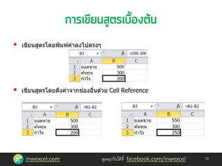 inwexcel.com พูดคุยกันได้ที่ facebook.com/inwexcel
 เขียนสูตรโดยพิมพ์ค่าลงไปตรงๆ
 เขียนสูตรโดยดึงค่าจากช่องอื่นด ้วย Cell Reference
19
 