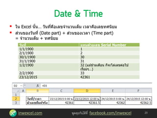inwexcel.com พูดคุยกันได้ที่ facebook.com/inwexcel
 ใน Excel นั้น… วันที่คือเลขจานวนเต็ม เวลาคือเลขทศนิยม
 ส่วนของวันที่ (Date part) + ส่วนของเวลา (Time part)
= จานวนเต็ม + ทศนิยม
20
วันที่ แทนด้วยเลข Serial Number
1/1/1900 1
2/1/1900 2
30/1/1900 30
31/1/1900 31
1/2/1900 32 (แม ้ข ้ามเดือน ก็จะไล่เลขต่อไป
เรื่อยๆ…)
2/2/1900 33
23/12/2015 42361
 