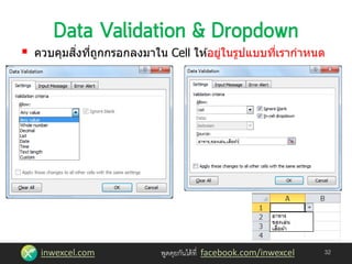 inwexcel.com พูดคุยกันได้ที่ facebook.com/inwexcel
 ควบคุมสิ่งที่ถูกกรอกลงมาใน Cell ให ้อยู่ในรูปแบบที่เรากาหนด
32
 