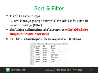 inwexcel.com พูดคุยกันได้ที่ facebook.com/inwexcel
 ใช ้เพื่อจัดระเบียบข ้อมูล
– การเรียงข ้อมูล (Sort) : สามารถใช ้เครื่องมือเดียวกับ Filter ได ้
– การกรองข ้อมูล (Filter)
 ช่วยให ้ข ้อมูลเป็นระเบียบ เพื่อให ้เราสามารถเห็นได้ชัดได้ว่า
ข้อมูลมีอะไรผิดปกติหรือไม่
 ก่อนใช ้ให ้เตรียมข ้อมูลให ้เป็นลักษณะตาราง Database
35
 