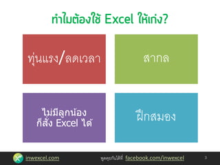 inwexcel.com พูดคุยกันได้ที่ facebook.com/inwexcel
ทุ่นแรง/ลดเวลา สากล
ไม่มีลูกน้อง
ก็สั่ง Excel ได ้
ฝึกสมอง
3
 