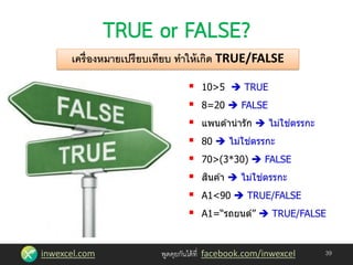inwexcel.com พูดคุยกันได้ที่ facebook.com/inwexcel 39
 10>5  TRUE
 8=20  FALSE
 แพนด ้าน่ารัก  ไม่ใช่ตรรกะ
 80  ไม่ใช่ตรรกะ
 70>(3*30)  FALSE
 สินค ้า  ไม่ใช่ตรรกะ
 A1<90  TRUE/FALSE
 A1=“รถยนต์”  TRUE/FALSE
เครื่องหมายเปรียบเทียบ ทาให้เกิด TRUE/FALSE
 