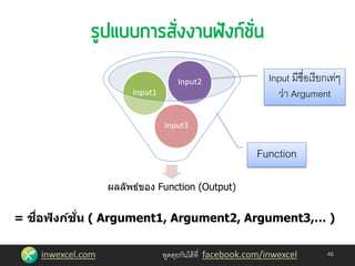 inwexcel.com พูดคุยกันได้ที่ facebook.com/inwexcel 46
ผลลัพธ์ของ Function (Output)
Input3
Input1
Input2
Function
= ชื่อฟังก์ชั่น ( Argument1, Argument2, Argument3,… )
Input มีชื่อเรียกเท่ๆ
ว่า Argument
 