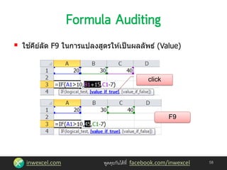 inwexcel.com พูดคุยกันได้ที่ facebook.com/inwexcel
 ใช ้คีย์ลัด F9 ในการแปลงสูตรให ้เป็นผลลัพธ์ (Value)
58
click
F9
 