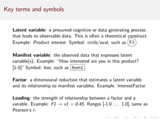 Key terms and symbols
Latent variable: a presumed cognitive or data generating process
that leads to observable data. This is often a theoretical construct.
Example: Product interest. Symbol: circle/oval, such as F1 .
Manifest variable: the observed data that expresses latent
variable(s). Example: “How interested are you in this product?
[1-5]” Symbol: box, such as Item1 .
Factor: a dimensional reduction that estimates a latent variable
and its relationship to manifest variables. Example: InterestFactor.
Loading: the strength of relationship between a factor and a
variable. Example: F1 → v1 = 0.45. Ranges [-1.0 . . . 1.0], same as
Pearson’s r.
 
