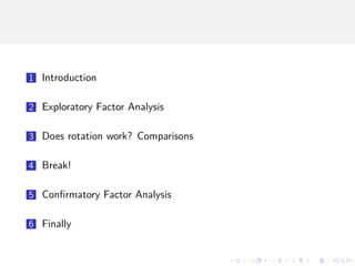 1 Introduction
2 Exploratory Factor Analysis
3 Does rotation work? Comparisons
4 Break!
5 Confirmatory Factor Analysis
6 Finally
 