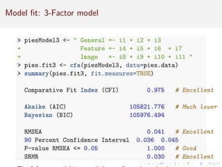 Model fit: 3-Factor model
 piesModel3 -  General =~ i1 + i2 + i3
+ Feature =~ i4 + i5 + i6 + i7
+ Image =~ i8 + i9 + i10 + i11 
 pies.fit3 - cfa(piesModel3, data=pies.data)
 summary(pies.fit3, fit.measures=TRUE)
Comparative Fit Index (CFI) 0.975 # Excellent
Akaike (AIC) 105821.776 # Much lower
Bayesian (BIC) 105976.494
RMSEA 0.041 # Excellent
90 Percent Confidence Interval 0.036 0.045
P-value RMSEA = 0.05 1.000 # Good
SRMR 0.030 # Excellent
 