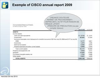 Exemple of CISCO annual report 2009


                                    CREANCE DOUTEUSE
                                 PERMET DE PROVISIONNER /
                                DÉPRECIER L’ACTIF POUR RAISON DE
                                RISQUE LATENT.
                                  (PRINCIPE DE PRÉCAUTION (ne pas
                                     compter dessus)




mercredi 26 mai 2010
 
