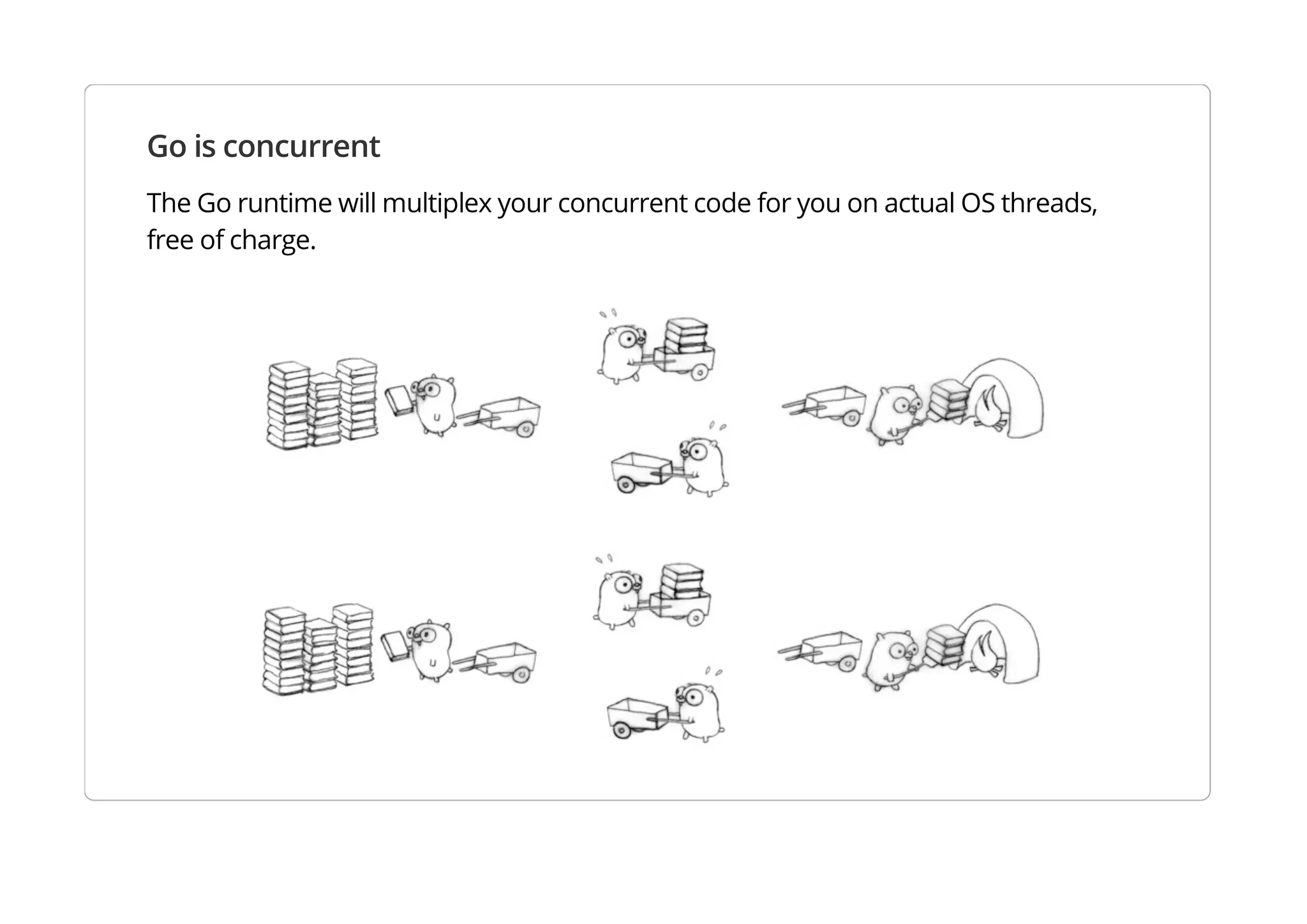 Go is concurrent
The Go runtime will multiplex your concurrent code for you on actual OS threads, free of charge.
 