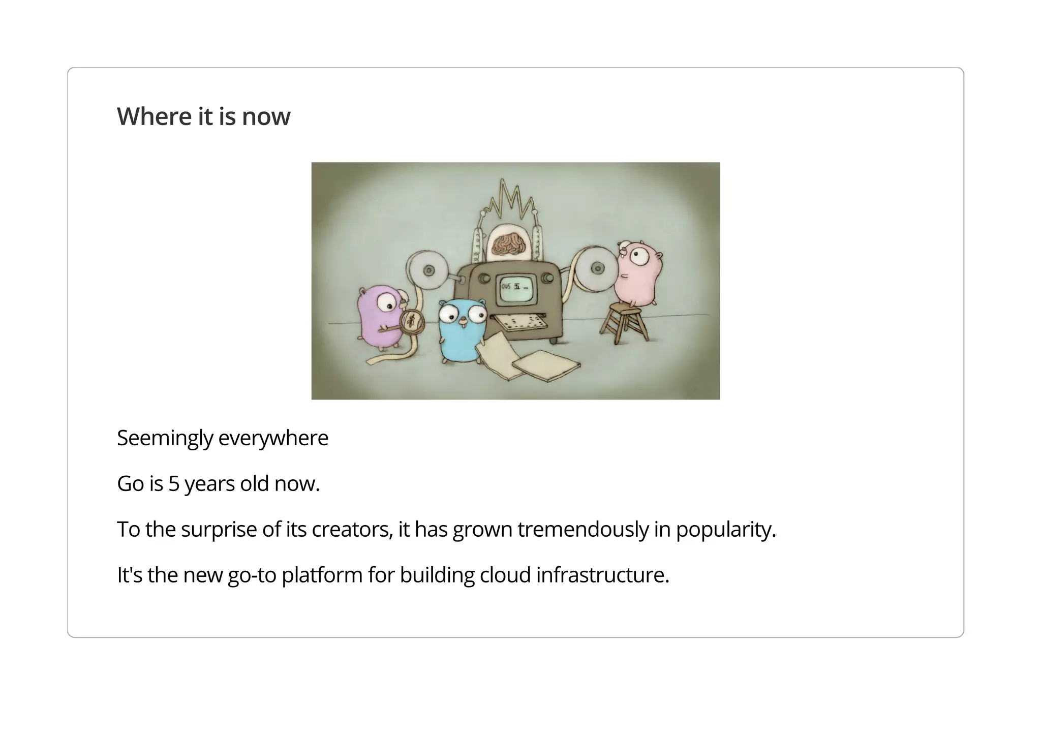 Where it is now
Seemingly everywhere
Go is 5 years old now.
To the surprise of its creators, it has grown tremendously in popularity.
It's the new go-to platform for building cloud infrastructure.
 