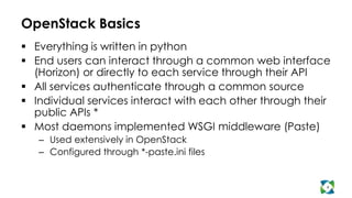 OpenStack Basics
 Everything is written in python
 End users can interact through a common web interface
  (Horizon) or ...