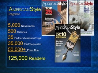 A MERICAN S tyle Magazine 5,000   Newsstands 500   Galleries 35   Partners Museums/Orgs 35,000   Paid/Requested 50,000+   Press Run  125,000   Readers 
