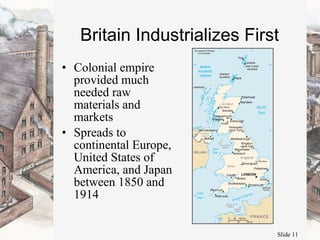 Britain Industrializes First Colonial empire provided much needed raw materials and markets Spreads to continental Europe, United States of America, and Japan between 1850 and 1914  