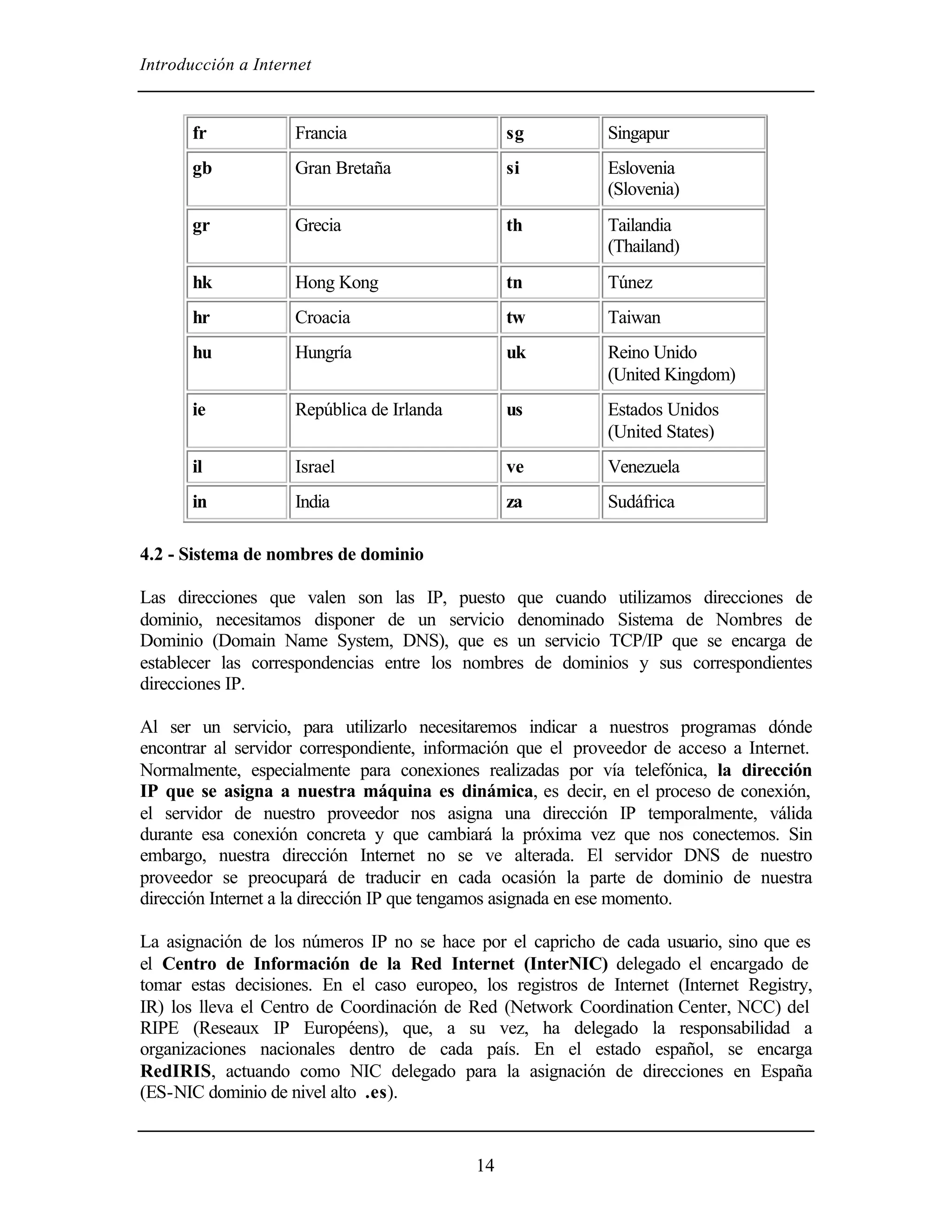 Introducción a Internet
14
fr Francia sg Singapur
gb Gran Bretaña si Eslovenia
(Slovenia)
gr Grecia th Tailandia
(Thailand)
hk Hong Kong tn Túnez
hr Croacia tw Taiwan
hu Hungría uk Reino Unido
(United Kingdom)
ie República de Irlanda us Estados Unidos
(United States)
il Israel ve Venezuela
in India za Sudáfrica
4.2 - Sistema de nombres de dominio
Las direcciones que valen son las IP, puesto que cuando utilizamos direcciones de
dominio, necesitamos disponer de un servicio denominado Sistema de Nombres de
Dominio (Domain Name System, DNS), que es un servicio TCP/IP que se encarga de
establecer las correspondencias entre los nombres de dominios y sus correspondientes
direcciones IP.
Al ser un servicio, para utilizarlo necesitaremos indicar a nuestros programas dónde
encontrar al servidor correspondiente, información que el proveedor de acceso a Internet.
Normalmente, especialmente para conexiones realizadas por vía telefónica, la dirección
IP que se asigna a nuestra máquina es dinámica, es decir, en el proceso de conexión,
el servidor de nuestro proveedor nos asigna una dirección IP temporalmente, válida
durante esa conexión concreta y que cambiará la próxima vez que nos conectemos. Sin
embargo, nuestra dirección Internet no se ve alterada. El servidor DNS de nuestro
proveedor se preocupará de traducir en cada ocasión la parte de dominio de nuestra
dirección Internet a la dirección IP que tengamos asignada en ese momento.
La asignación de los números IP no se hace por el capricho de cada usuario, sino que es
el Centro de Información de la Red Internet (InterNIC) delegado el encargado de
tomar estas decisiones. En el caso europeo, los registros de Internet (Internet Registry,
IR) los lleva el Centro de Coordinación de Red (Network Coordination Center, NCC) del
RIPE (Reseaux IP Européens), que, a su vez, ha delegado la responsabilidad a
organizaciones nacionales dentro de cada país. En el estado español, se encarga
RedIRIS, actuando como NIC delegado para la asignación de direcciones en España
(ES-NIC dominio de nivel alto .es).
 