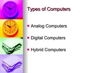 Types of Computers Analog Computers Digital Computers Hybrid Computers 